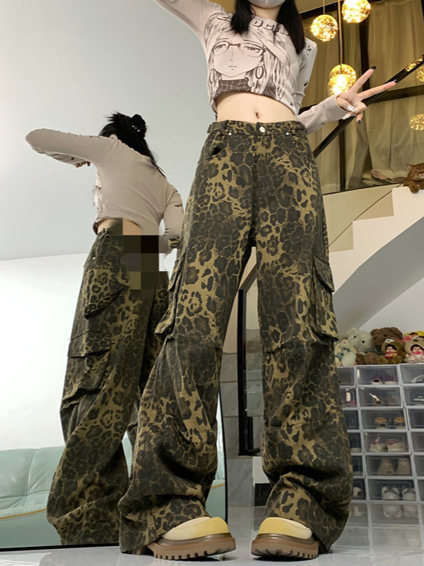 【韩牛】美式辣妹豹纹阔腿工装裤女酷飒风秋季2025新款多口袋设计|undefined