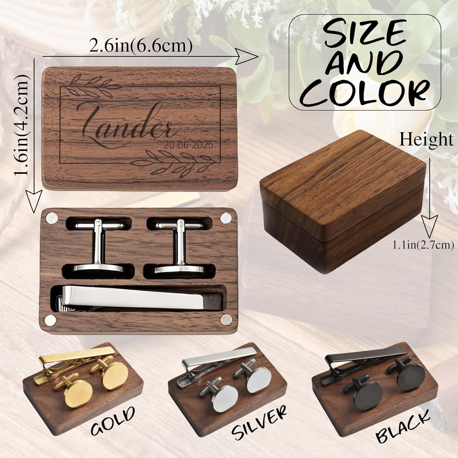 Cross-Border Amazon Round Stainless Steel Cufflinks and Tie Clips, Customized for Men with a High-End Feel, Comes with a Solid Wood Box