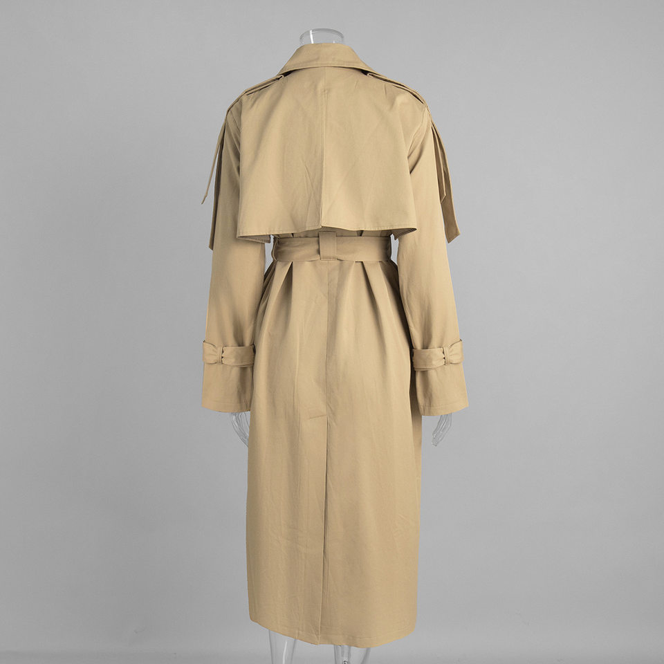 Áo khoác trench coat nữ dáng dài phong cách Âu Mỹ, chất liệu cotton, form rộng có dây thắt eo — Màu kaki, màu xám chi tiết 10