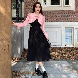 法式时尚减龄套装女2023春季新款粉色上衣+黑色吊带连衣裙两件套