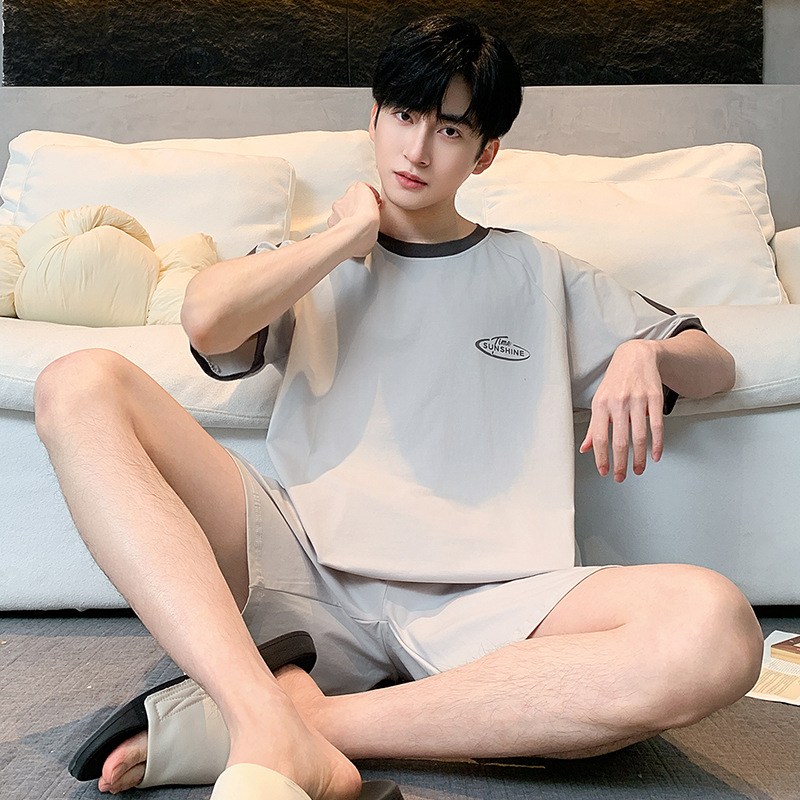 100% 純綿パジャマ男性半袖夏の薄いタイプの青少年カジュアルでゆったりした綿100% の家庭服セット