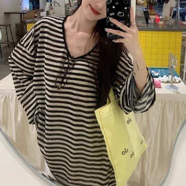 五笔蟹美式复古慵懒风条纹宽松网红U领女秋季打底宽松纯欲辣妹INS