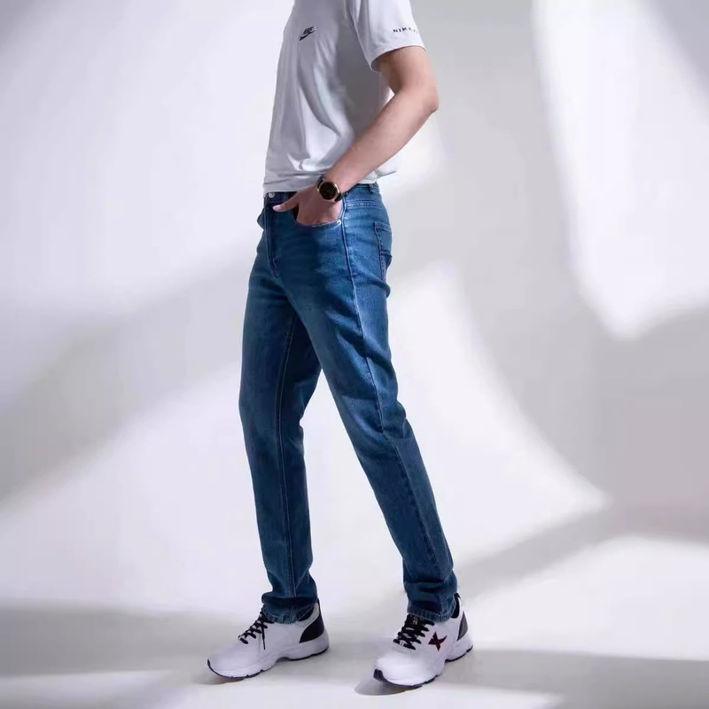 Wholesale Korean-Style Order Surplus Elastic High-Waisted Men's Jeans, Extended Length, Loose Straight Cut