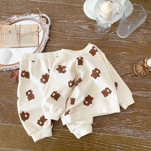 Korean version of ins spring and autumn infants and toddlers baby harem men's and women's baby cartoon bear print triangle jumpsuit crawler suit