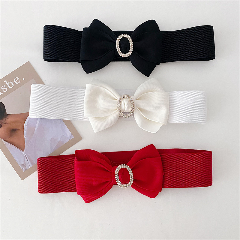 Bow Knot Pattern Sweet Bow Knot Cloth Elastic Band Inlay Rhinestones Women's Woven Belts