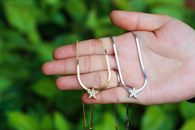 Unisex Gender Fashion Style New Simple Heart Clavicle Chain Flat Snake Chain Five-pointed Star Copper Necklace Female