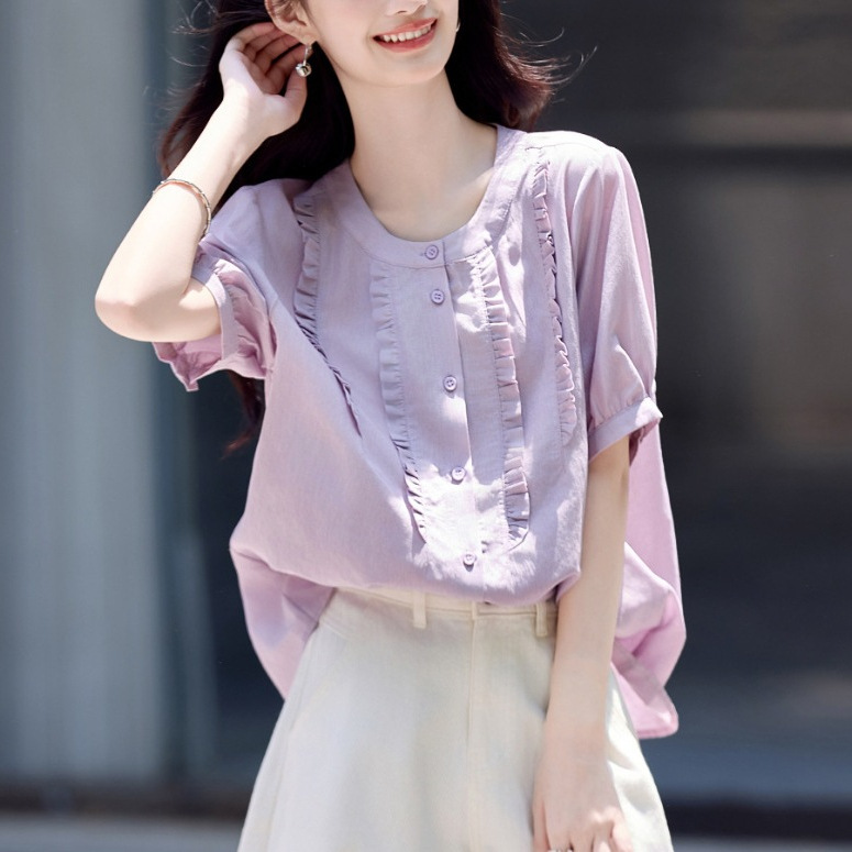 Orofeng Lavender Organ Pleated Ruffle Top 2025 Summer New Age-Reducing Fashionable Round Neck Shirt