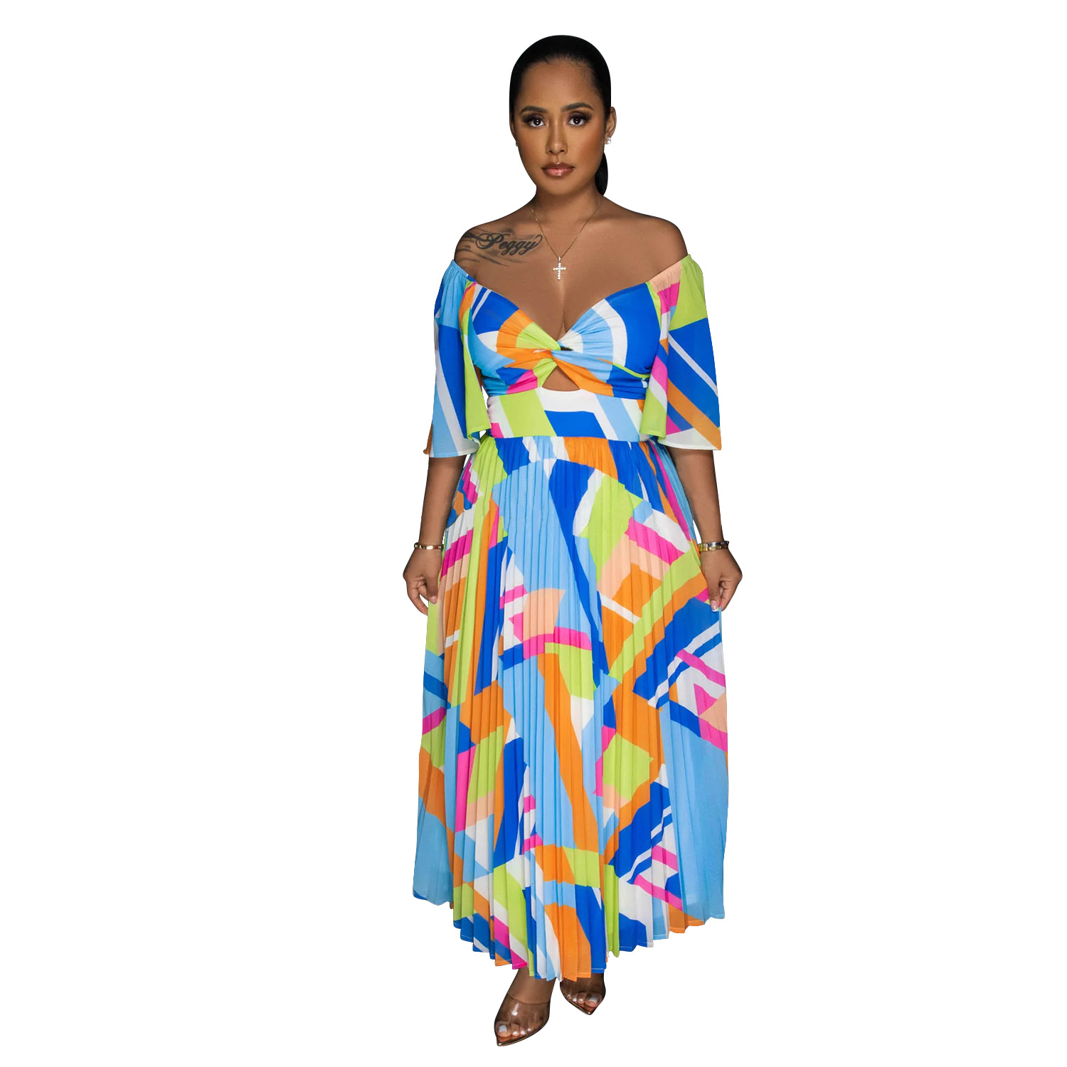C6879 Cross-border AliExpress Amazon Vestido de falda larga plisada sin espalda con estampado sexy para mujer de moda europea y americana
