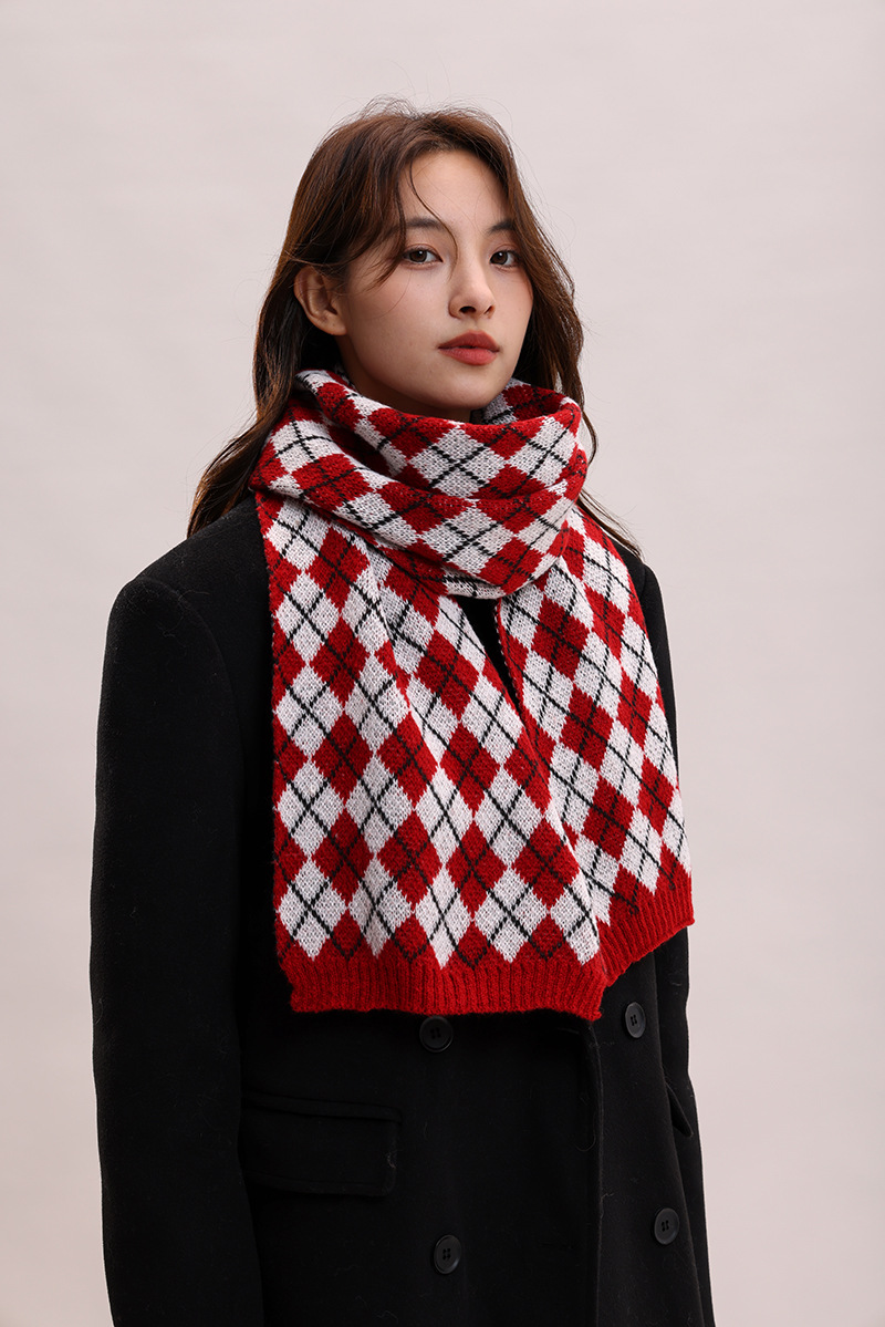 Sciarpa lavorata a maglia autunno inverno nuova con griglia a rombi, collo spesso e caldo, versatile per coppie, morbida_voghion.com