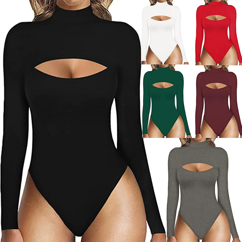 Cross-border Amazon ebay new hot sale European and American women's sexy turtleneck front hollow-out slim-fit long-sleeved jumpsuit women