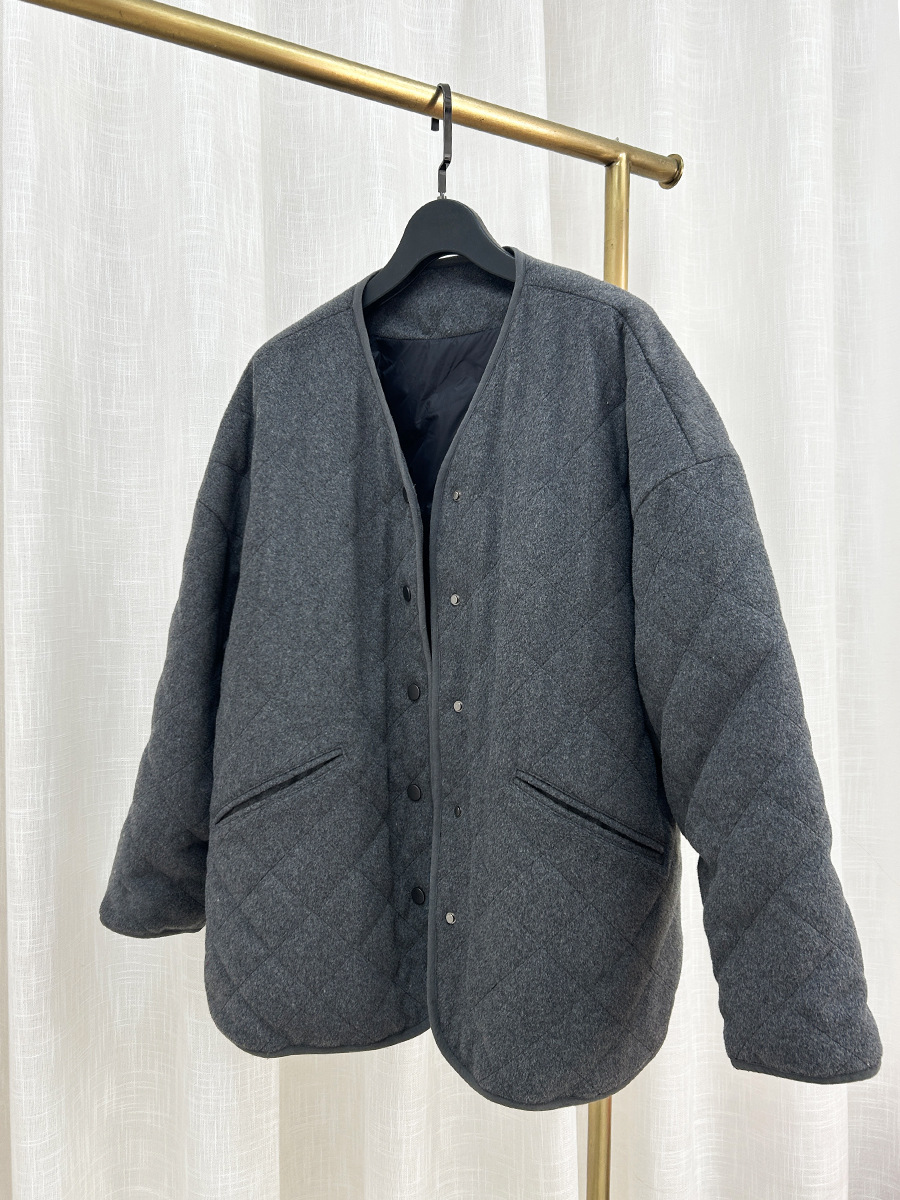 Áo khoác len cardigan nữ lót lông vũ trắng 90% dày dặn mùa đông — mã não màu xám