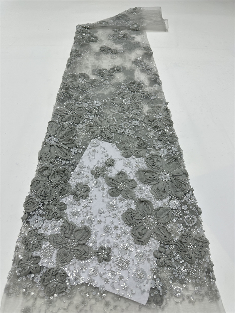 Discos de encaje de flores tridimensionales bordados vestido de novia blanco de alta calidad tela de moda tela de bordado de lentejuelas LACE