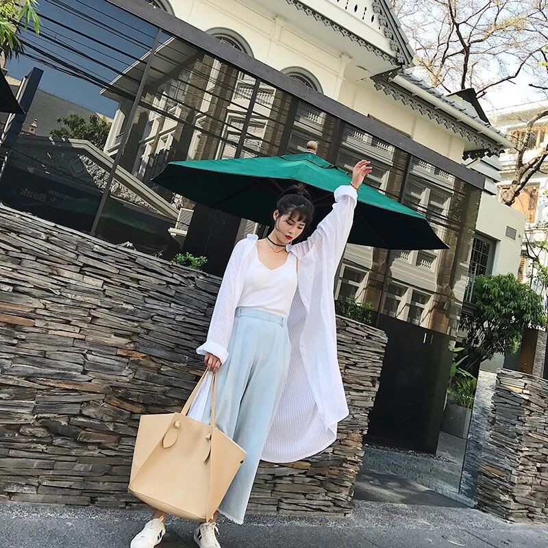 夏季新款宽松棉条纹衬衫女中长款韩版防晒衣亚麻学生开衫bf外
