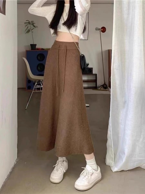 韓国版秋冬ファッションスカート女性ハイウエストで股間を遮る垂れ感a字毛糸ミディアムロング|undefined
