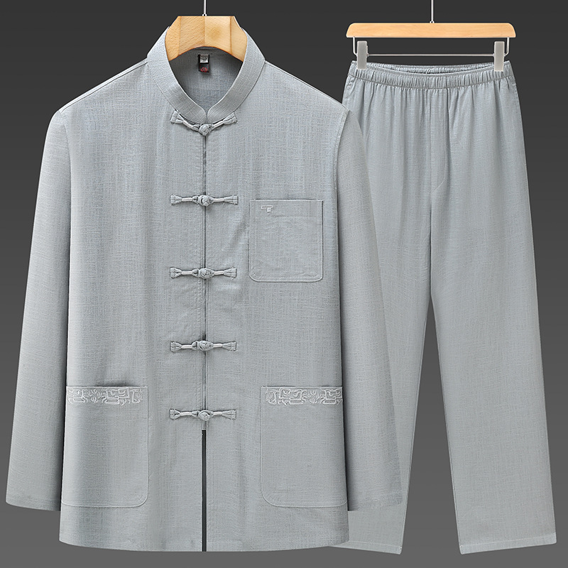 Spring/Summer Thin Two-Piece Zhongshan Suit Set, Tencel Linen Breathable Fabric, Men's Retro Chinese Style Suit with Chinese Fold Buttons