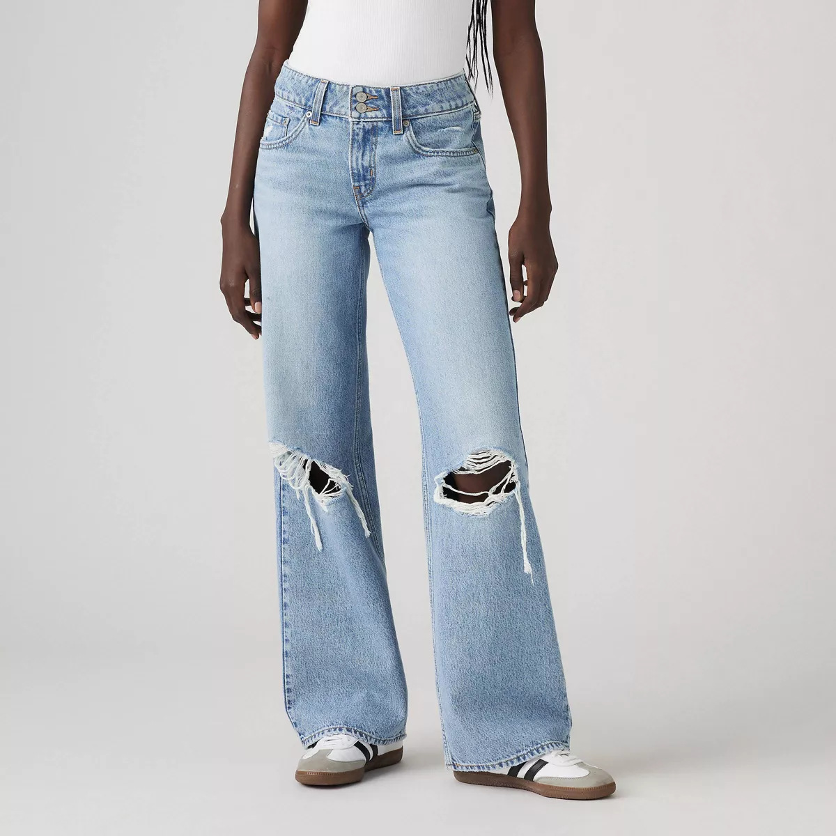 Jeans de Mujer de Tiro Alto de Algodón y Poliéster Pierna Ancha Rasgado para Uso Casual
