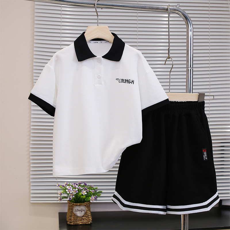 7256 traje de verano para niños 2025 nueva camisa POLO de manga corta de verano para niños de dos piezas ropa de verano de estilo occidental