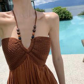 西双版纳旅游穿搭复古串珠挂脖针织拼接连衣裙泰国海边度假沙滩裙
