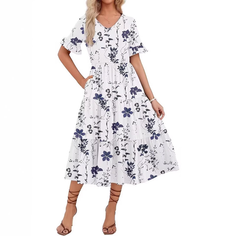 Women's Summer Dress, Mid-Length Layered Casual Dress, Floral V-Neck Ruffled Short-Sleeve Flowy Beach Dress Women's Summer Dress, Mid-Length Layered Casual Dress, Floral V-Neck Ruffled Short-Sleeve Flowy Beach Dress