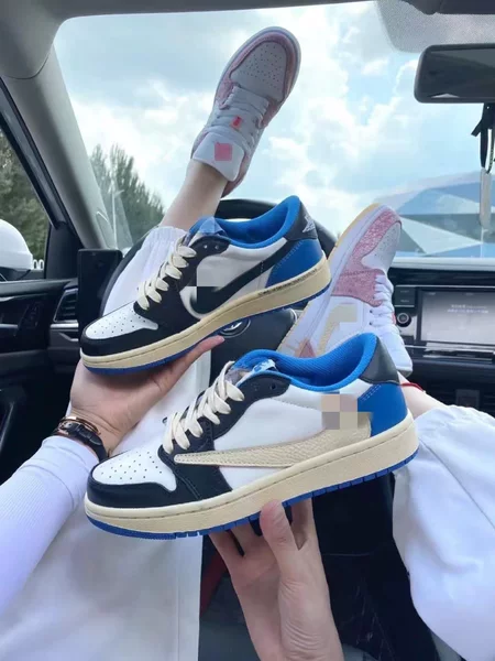 Authentic AJ1 LOW shoes, men's TS collaboration, reverse hook design, athletic sneakers, women's dark brown, white brown, golf, black and white