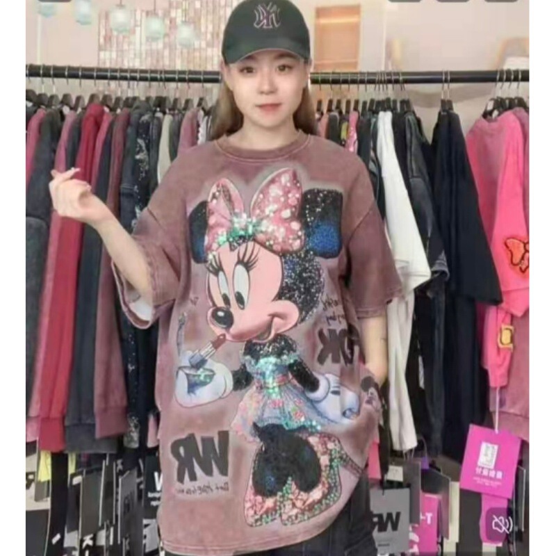 1.0-150kg Plus-Size Women's Clothing with Heavy Sequin Work, Mickey Print Letters, Pure Cotton, Stylish Street-Style Short-Sleeve T-Shirt for Women 1.0-150kg Plus-Size Women's Clothing with Heavy Sequin Work, Mickey Print Letters, Pure Cotton, Stylish Street-Style Short-Sleeve T-Shirt for Women