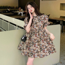 泡泡袖连衣裙女设计感小众2022夏季新款复古可爱小熊初恋茶歇裙子