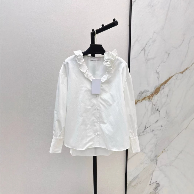 Shenzhen Nanyou 25 Spring/Summer Celebrity Style French Chic Ruffle V-Neck Short Front Long Back Shirt Top for Women