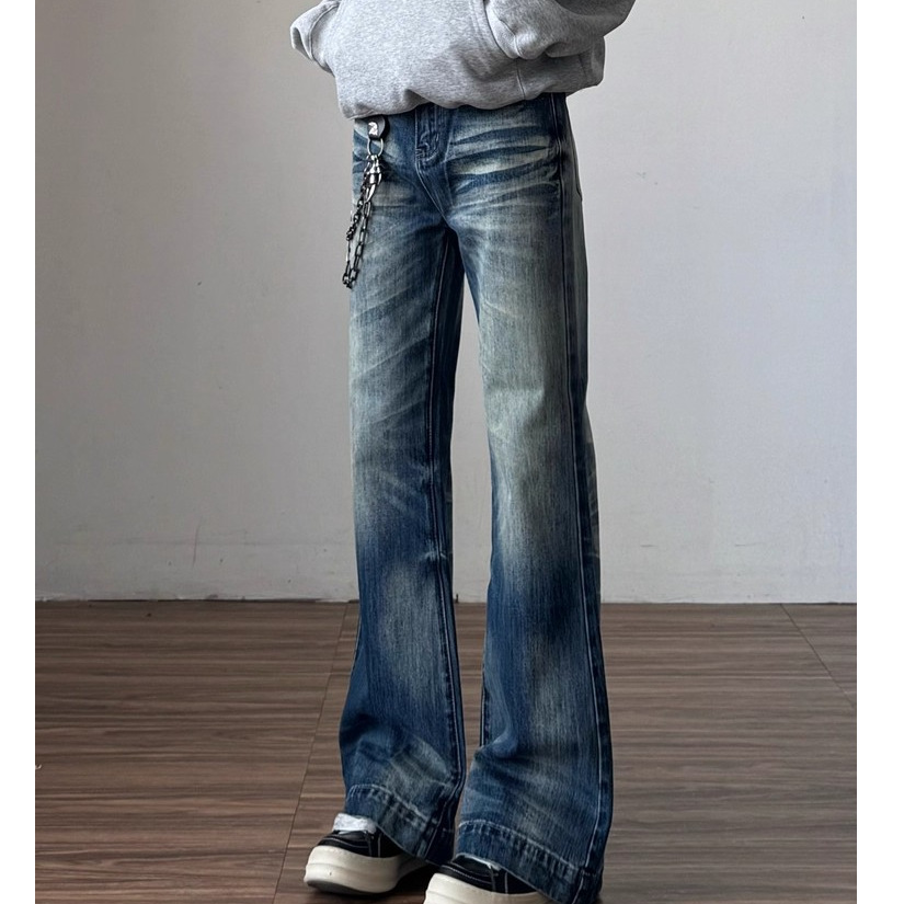 Men's Clothing Unisex Distressed Wide Leg Trousers Hong Kong Style Flared Jeans Retro Loose Fit For Commuting_mkmklike.com
