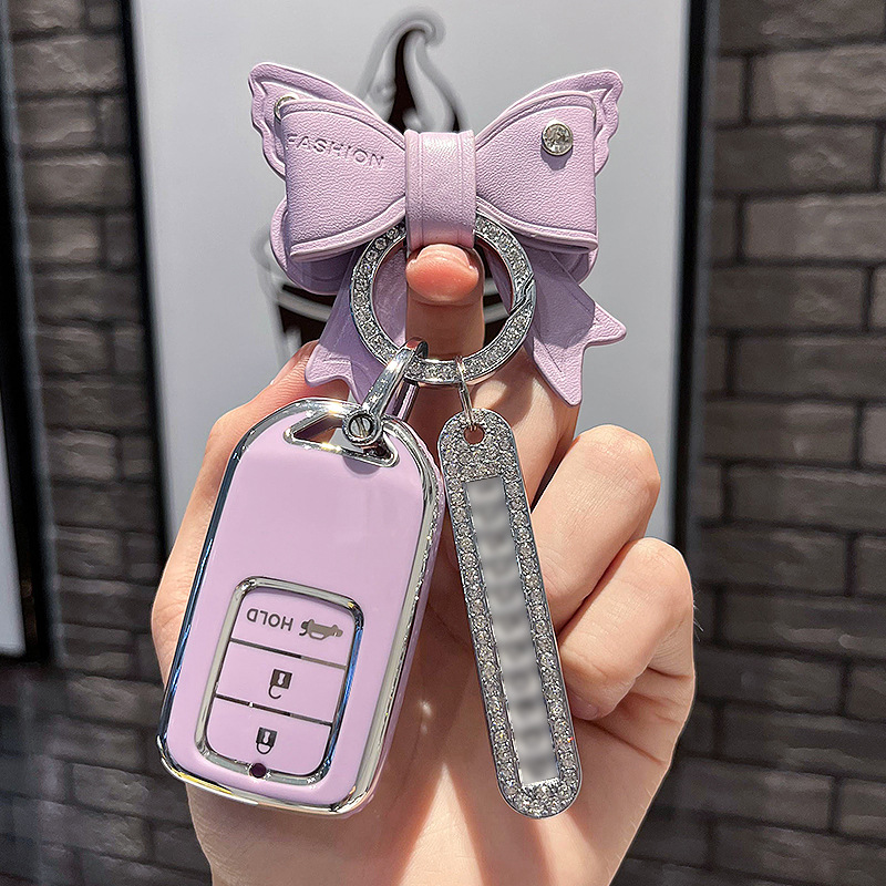 BT 키 P형 - 스마트 3버튼 [싱글쉘 퍼플] + 퍼플 리본 다이아몬드 버클 + 실버 번호판