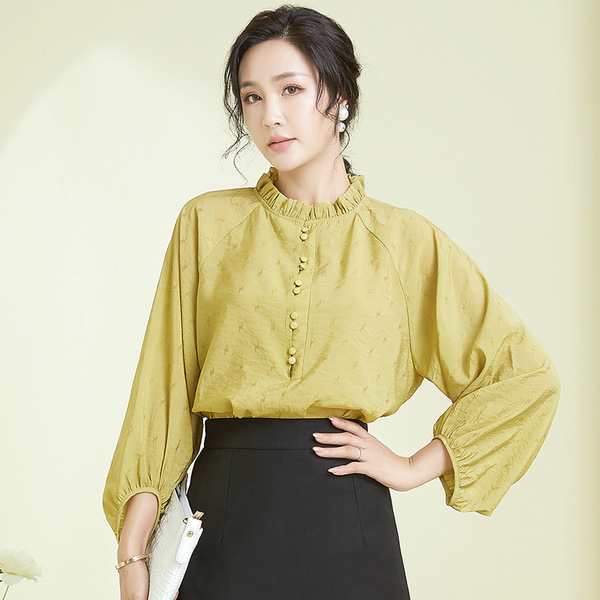 2025 New Women's Fashion with Lotus Leaf Collar and Lantern Sleeves, Elegant Commuter Pullover Shirt