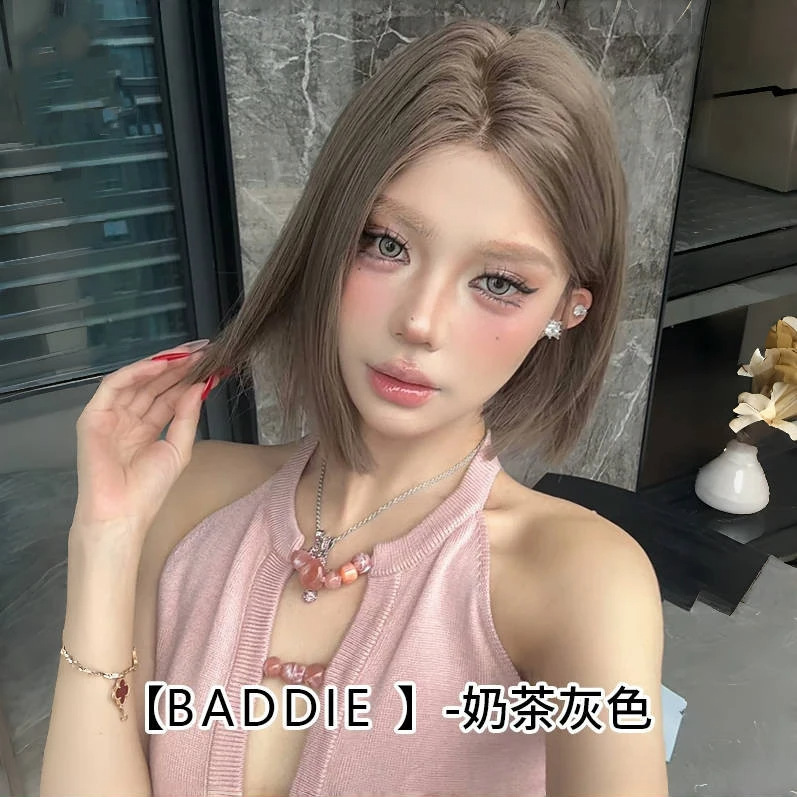 【Baddie-Refined Version】Autumn Mixed-Race Style One-Length European and American Fashion Milk Tea Gray Short Hair Full Wig 【Baddie-Refined Version】Autumn Mixed-Race Style One-Length European and American Fashion Milk Tea Gray Short Hair Full Wig