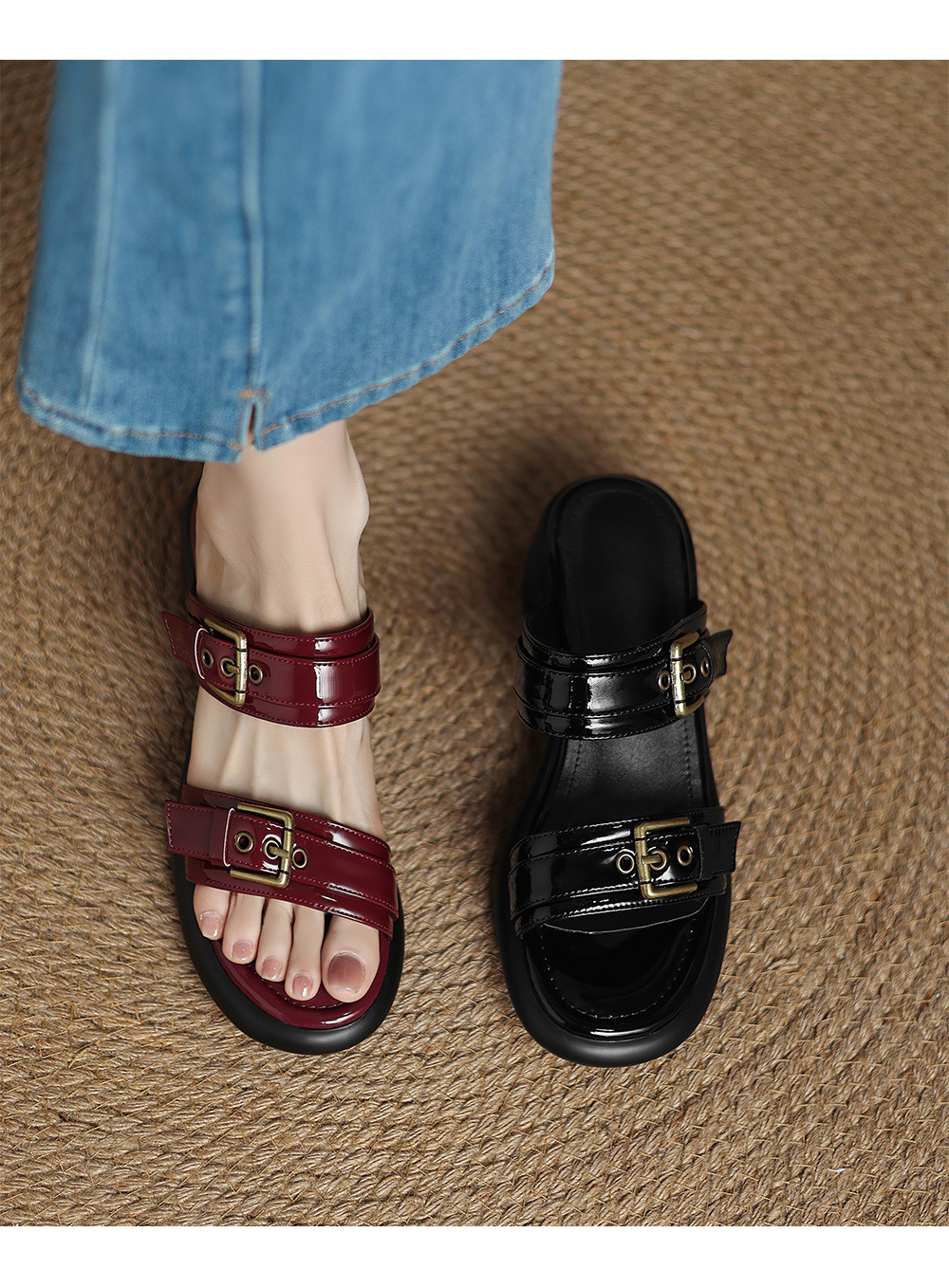 Sandal cao gót nữ hở mũi quai ngang khóa thắt lưng, đế dày mùa hè — đen chi tiết 1