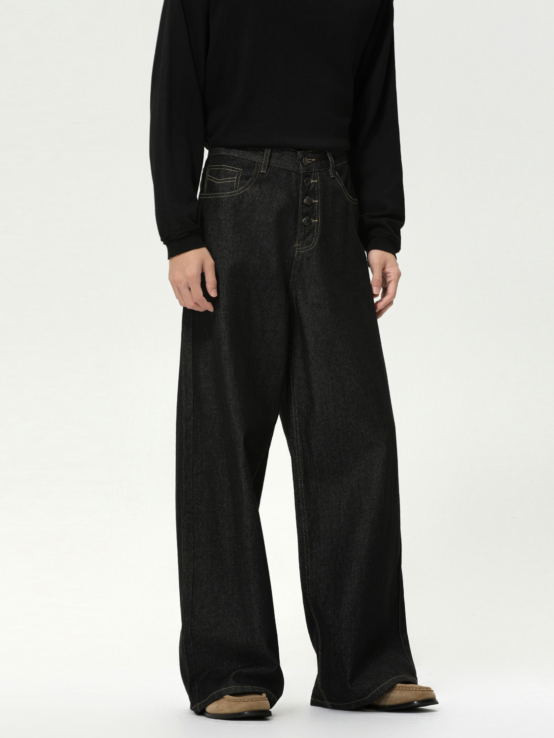 MTLCLOTHES Hombres| Retro multi-botones de cintura media base de vaca piernas anchas rectas jeans lavados con agua