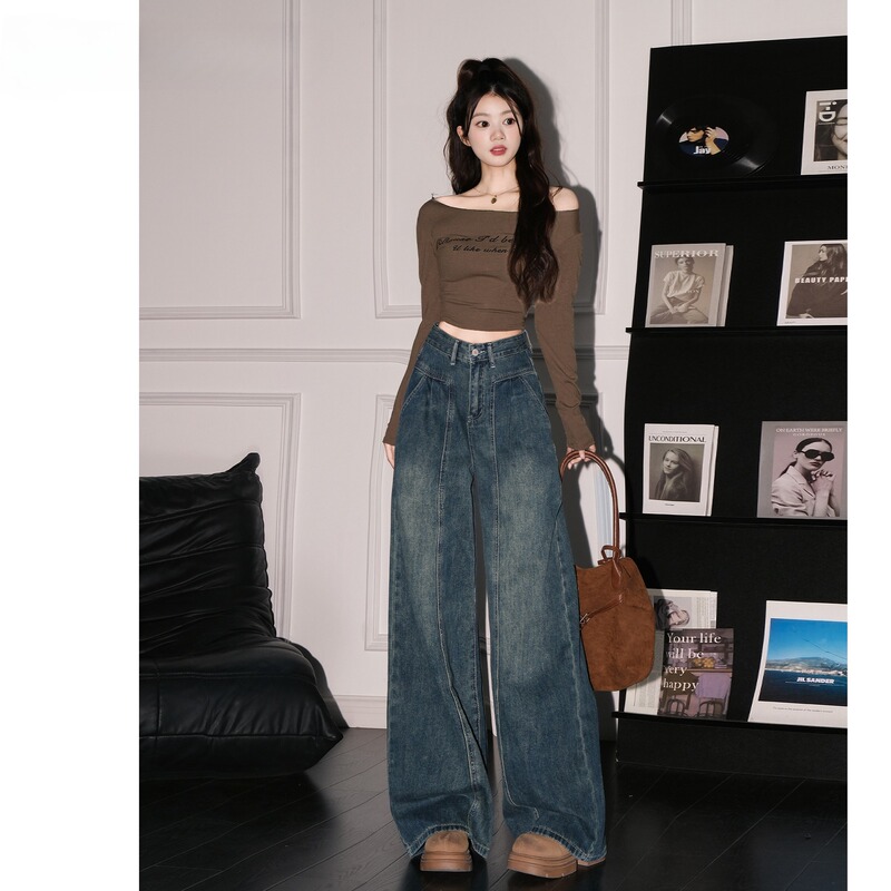 Dark blue wide-leg jeans for women, 2025 hot-selling autumn and winter trendy new high-waisted loose straight pants