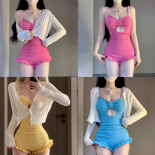 Women's One-piece Suspender Long-sleeved Two-piece Set Slimming Conservative Swimsuit Solid Color Teenager Hot Spring Swimming Suit