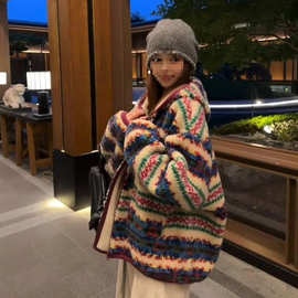 彩色费尔岛提花连帽外套女冬季加厚摇粒绒慵懒风保暖上衣毛毛外套
