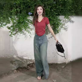 网红甜酷流行阔腿高腰牛仔裤新款红色翻领减龄宽松短袖两件套女装