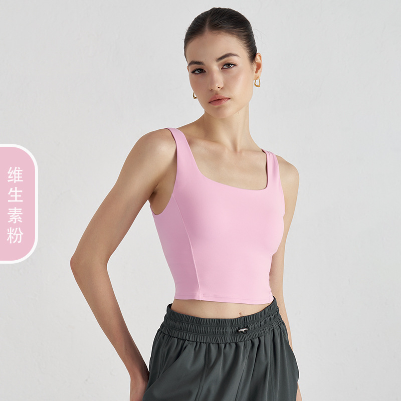 Ropa de yoga de copa fija integrada desnuda NU, ropa interior deportiva corta sin mangas para mujer, chaleco de yoga con tirantes anchos