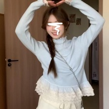 baby蓝纯欲假两件蕾丝拼接长袖T恤女春季慵懒风软糯修身打底上衣