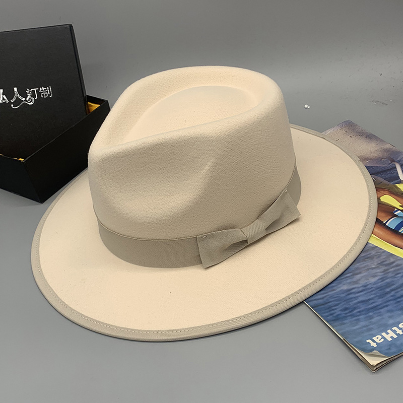 Flat Eaves Rim Men's Retro Solid Color Bowknot Flat Eaves Fedora Hat