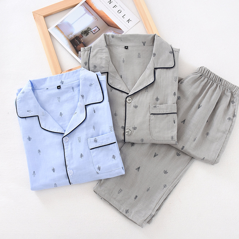 Men's cotton double-layer gauze pajamas suit Navy style thin long-sleeved trousers home wear large size Men's cotton double-layer gauze pajamas suit Navy style thin long-sleeved trousers home wear large size