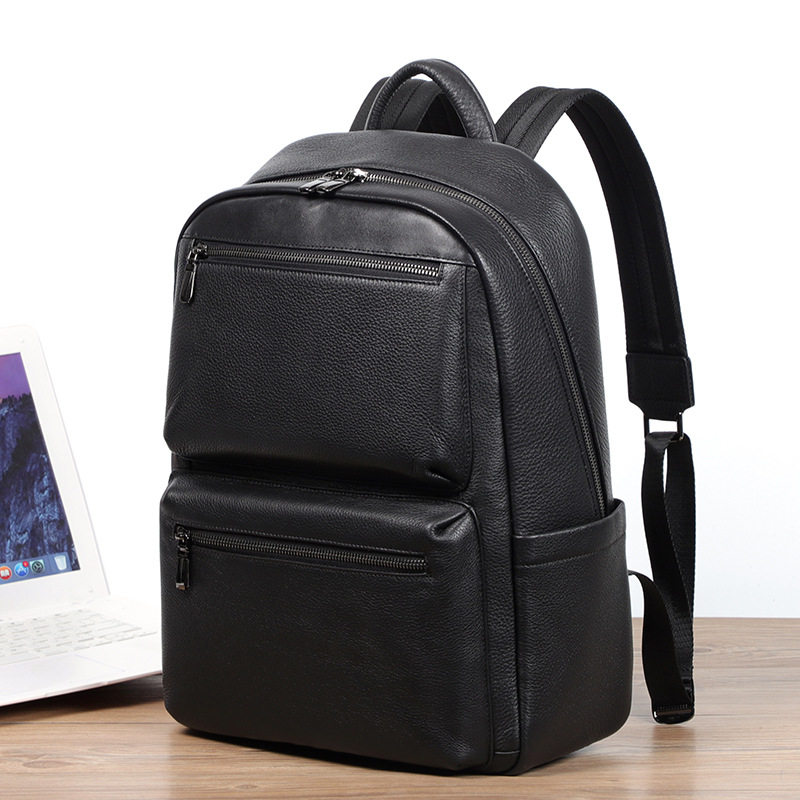 Ba lô da bò lớp đầu cho nam, kiểu dáng tối giản, đa chức năng, ngăn laptop 15 inch — Màu đen