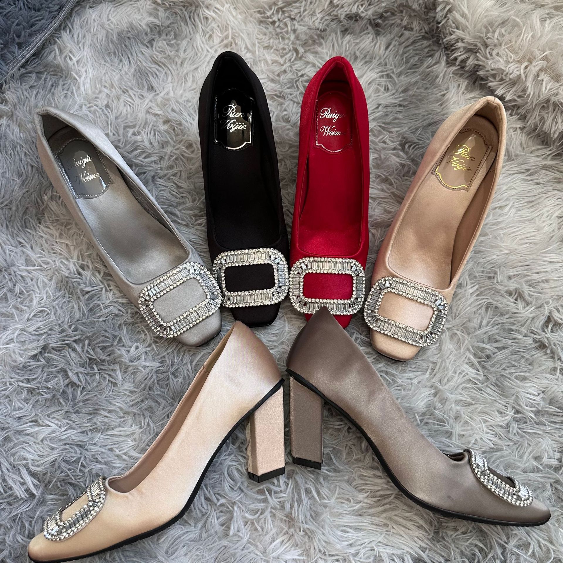 French-Style Women's Romantic Chunky Heel Rhinestone Square Buckle Single Shoes, Women's Mid-Heel Silk Satin Square-Toe Rv High Heels, Square-Toe Women's Shoes