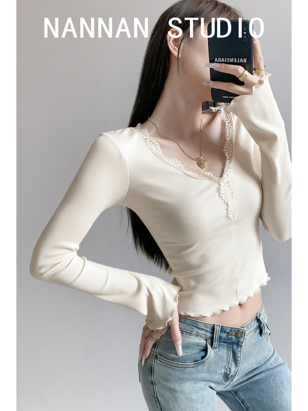 Blind into error-free short wooden-ear sweater top women's spicy lace round neck long sleeve base shirt