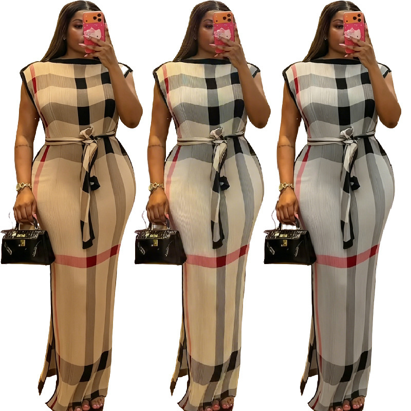 2026 New African Popular Large-Size Plaid Dress with Pleats, Slimming Sleeveless Waist-Cinching Long Dress in 3 Colors and 5 Sizes