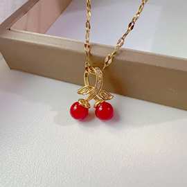 【钛钢】韩国气质甜美红色小樱桃项链夏季石榴石甜美项饰