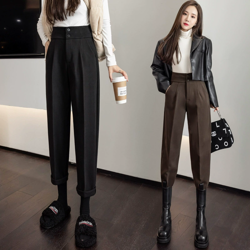 Шерстяные брюки с высокой талией для женщин, осень-зима 2021, свободные и драпированные, элегантные, с девятью точками, узкие и модные брюки-сигареты