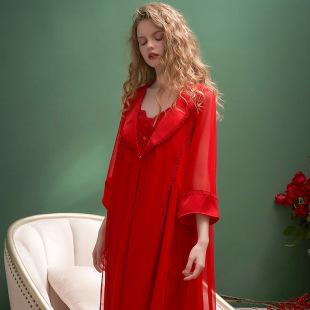R9348 Chenxi Palace style nightdress women's spring and autumn three-quarter sleeve outer wear two-piece loose white mid-length skirt thin