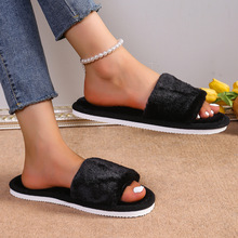 跨境开口女士秋冬室内外厚底保暖毛毛绒月子鞋一字开口棉拖鞋女