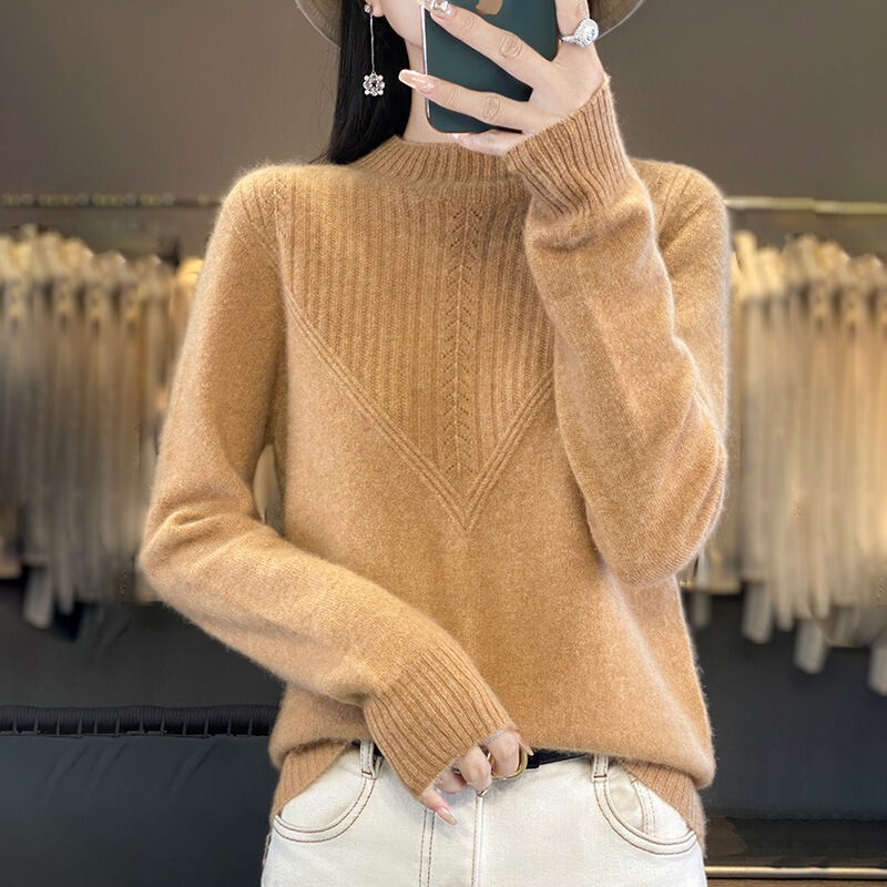 Cross-Border 2025 First-Line Ready-To-Wear Diamond Pattern Half-High Collar Sweater for Women, Autumn and Winter Hollow-Out Loose Inner Knit Base Layer